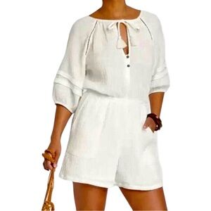 Knox Rose Women’s White Cotton Gauze Textured Romper Boho‎ Beach Vacation Medium